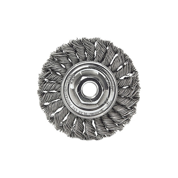 Standard Twist Knot Wheel, 4 dia x 1/2 Wide, 0.014 Stainless Steel, 5/8 in to 11 UNC Nut