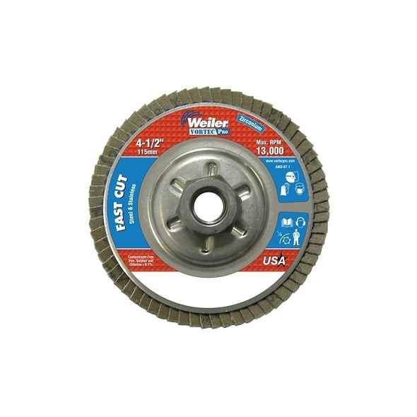 Vortec Pro Abrasive Flap Discs,4.5", 80 Grit, 5/8 Arbor, 13,000 rpm, Alum Back