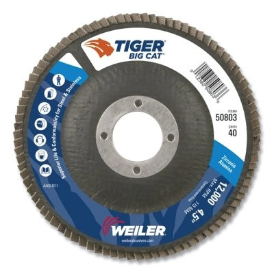Tiger® Big Cat® High Density Flap Disc, 4-1/2 in dia, 40 Grit, 7/8 in Arbor, 12000 RPM, Type 27
