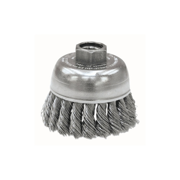 Single Row Heavy-Duty Knot Wire Cup Brush, 2-3/4 in dia, 5/8-11 UNC, 0.02 Steel Wire
