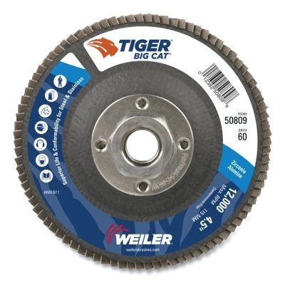 Tiger® Big Cat® High Density Flap Disc, 4-1/2 in dia, 60 Grit, 5/8 in-11, 12000 RPM, Type 27