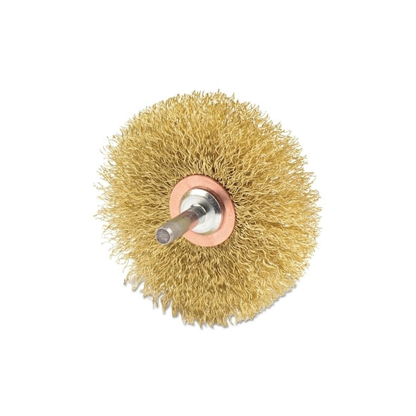 Stem-Mounted Narrow Conflex Brush, 3 in dia x 1/2 in W Face, 0.0118 in Brass Wire, 20000 RPM, 1/4 in Stem