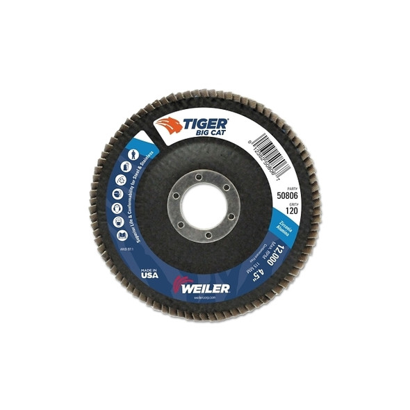 Tiger® Big Cat® High Density Flap Disc, 4-1/2 in dia, 120 Grit, 7/8 in Arbor, 12,000 RPM, Type 27