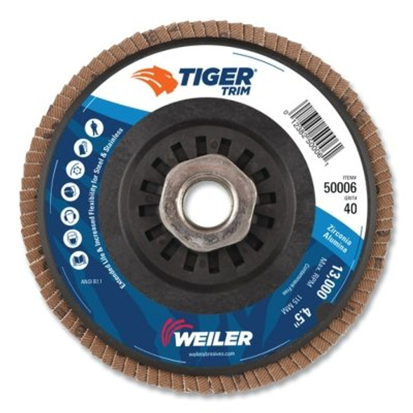 Trimmable Tiger® Flap Disc, 4-1/2 in dia, 40 Grit, 5/8 in-11, 13000 rpm, Type 29 Trimmable Tiger® Flap Disc, 4-1/2 in dia, 40 Grit, 5/8 in-11, 13000 rpm, Type 29