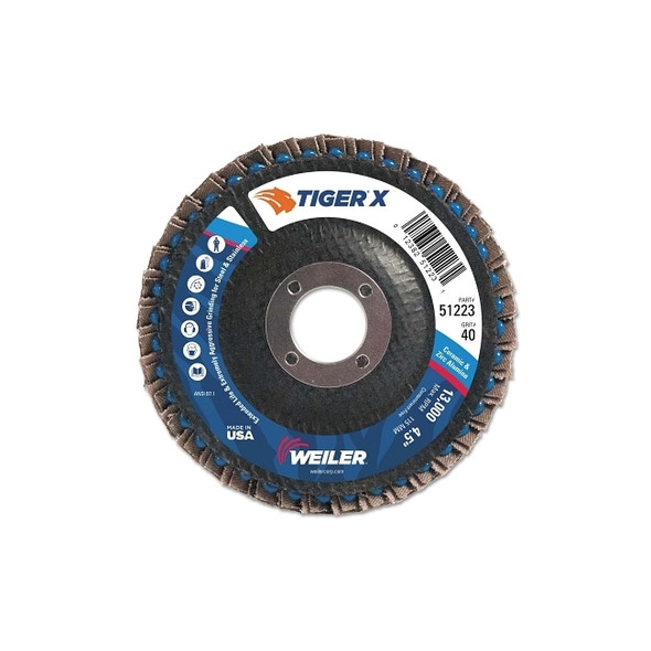 Tiger® X Flap Disc, 4-1/2 in dia, 40 Grit, 7/8 in Arbor, 13000 rpm, Type 27