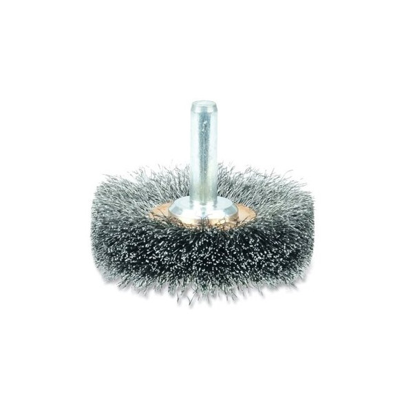 Stem-Mounted Narrow Conflex Brush, 2 in dia x 3/8 in W Face, 0.0118 in Steel, 20000 RPM, 1/4 in Stem