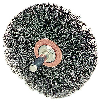 Stem-Mounted Narrow Conflex Brush, 3 in dia x 1/2 in W Face, 0.0118 in Steel, 20000 RPM, 1/4 in Stem