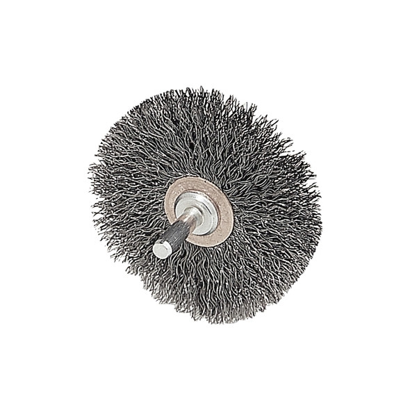 Stem-Mounted Narrow Conflex Brush, 3 in dia x 1/2 in W Face, 0.014 in Steel, 20000 RPM, 1/4 in Stem