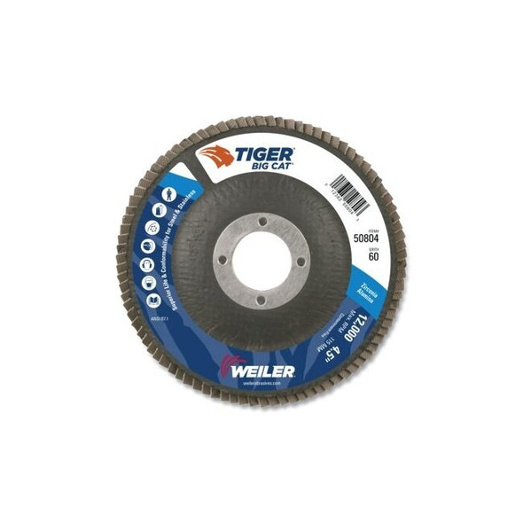 Tiger® Big Cat® High Density Flap Disc, 4-1/2 in dia, 60 Grit, 7/8 in Arbor, 12000 RPM, Type 27