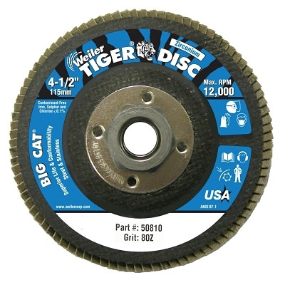 Tiger® Big Cat® High Density Flap Disc, 4-1/2 in dia, 80 Grit, 5/8 in-11, 12000 RPM, Type 27