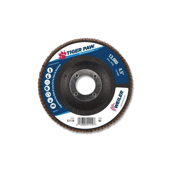 Tiger Paw™ TY29 Coated Abrasive Flap Disc, 4-1/2 in dia, 40 Grit, 7/8 Arbor, 13000 rpm