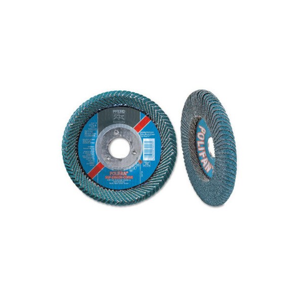 POLIFAN® Z SGP Curve Steelox Flap Disc, 4-1/2 in dia x 7/8 in Arbor, 40 Grit, Zirconia, 13300 RPM, Large Radius POLIFAN® Z SGP Curve Steelox Flap Disc, 4-1/2 in dia x 7/8 in Arbor, 40 Grit, Zirconia, 13300 RPM, Large Radius