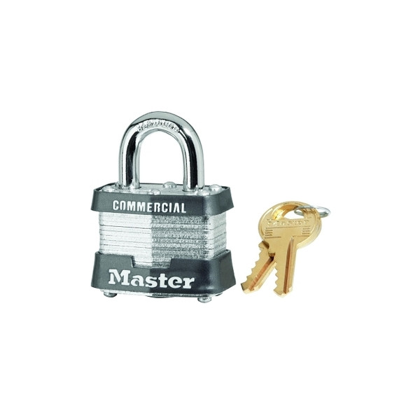 No. 3 Laminated Steel Padlock, 9/32 in dia, 5/8 in W x 3/4 in H Shackle, Silver/Gray, Keyed Different, Varies