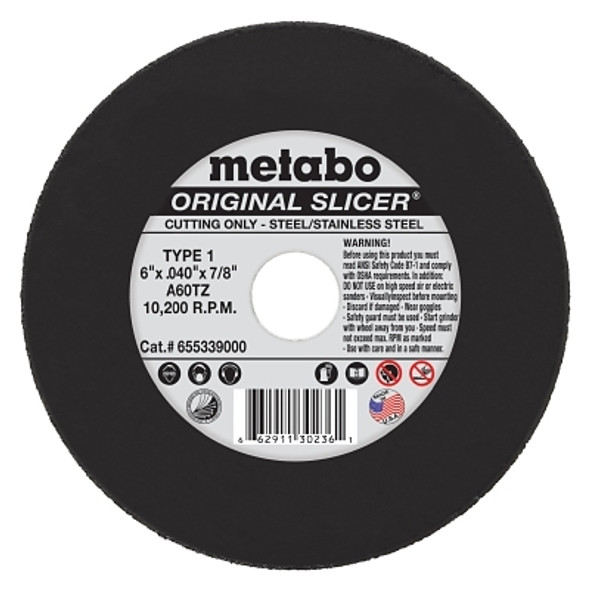 Original Slicer® Cutting Wheel, Type 1, 6 in dia, 0.040 in Thick, 60 Grit, Aluminum Oxide Original Slicer® Cutting Wheel, Type 1, 6 in dia, 0.040 in Thick, 60 Grit, Aluminum Oxide