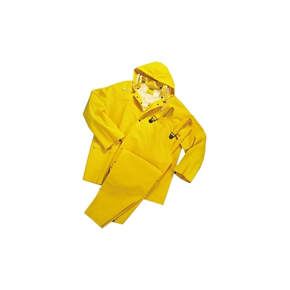 3-Pc Rainsuit, Jacket/Hood/Overalls, 0.35 mm, PVC Over Polyester, Yellow, Large
