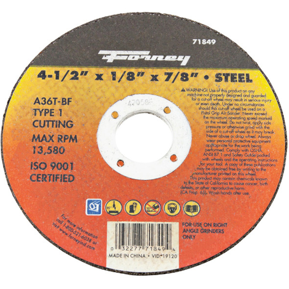 Forney Type 1 4-1/2 In. x 1/8 In. x 7/8 In. Steel Cut-Off Wheel 71849 Forney Type 1 4-1/2 In. x 1/8 In. x 7/8 In. Steel Cut-Off Wheel 71849