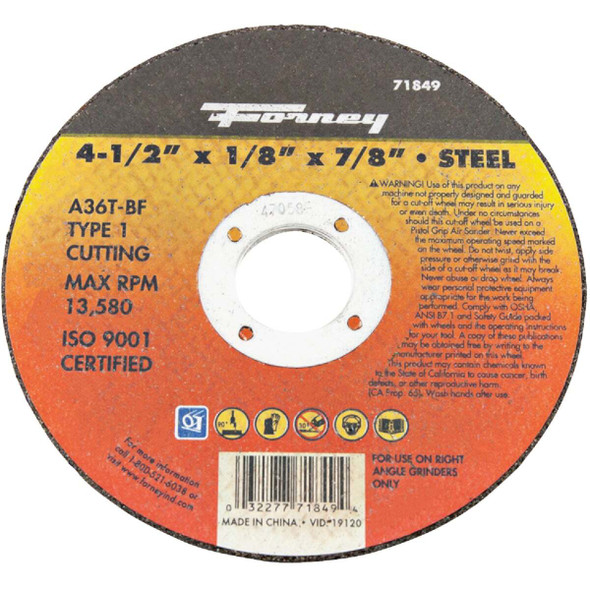 Forney Type 1 4-1/2 In. x 1/8 In. x 7/8 In. Steel Cut-Off Wheel 71849
