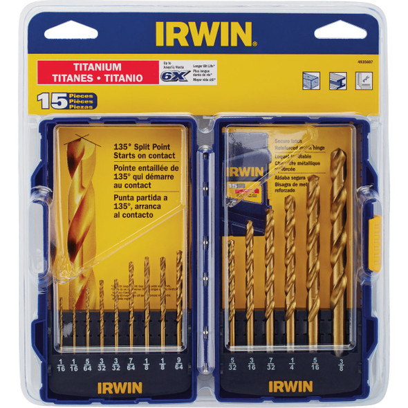 Irwin 15-Piece Titanium Coated HHS Metal Drill Bit Set, 1-16 In. thru 3-8 In. 4935607 324393