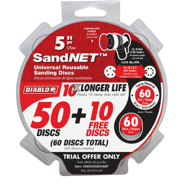 Diablo SandNet 5 In. 60 Grit Reusable Sanding Disc with Connection Pad (50-Pack)