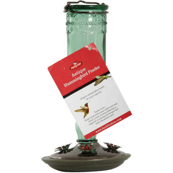 Perky-Pet 10 Oz. Green Glass Antique Bottle Hummingbird Feeder 8108-2 Pack of 2 754699