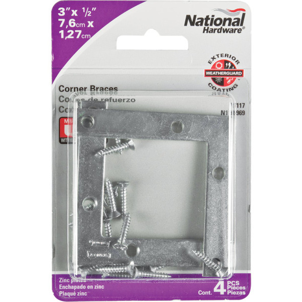National Hardware 3 In. x 1-2 In. Zinc Flat Corner Iron (4-Count) N113-969 210943
