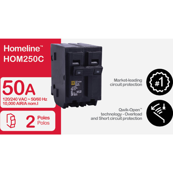 Square D Homeline 50A Double-Pole Standard Trip Circuit Breaker Square D Homeline 50A Double-Pole Standard Trip Circuit Breaker