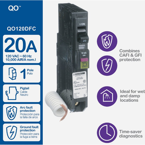 Square D QO 20A Single-Pole CAFCI Dual Function Circuit Breaker QO120DFC 501863