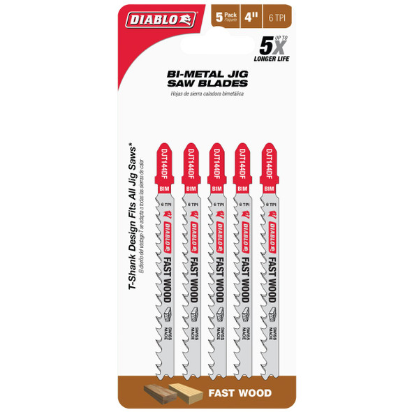 Diablo 4 In. x 6 TPI T-Shank Bi-Metal Jig Saw Blade for Fast Wood (5-Pack) DJT144DF5 376481
