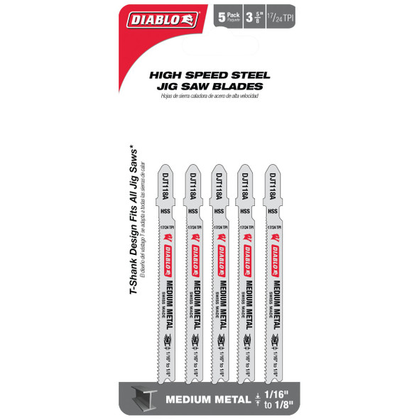 Diablo T-Shank 3-5/8 In. x 17/24 TPI High Speed Steel Jig Saw Blade for Medium Metal (5-Pack) Diablo T-Shank 3-5/8 In. x 17/24 TPI High Speed Steel Jig Saw Blade for Medium Metal (5-Pack)