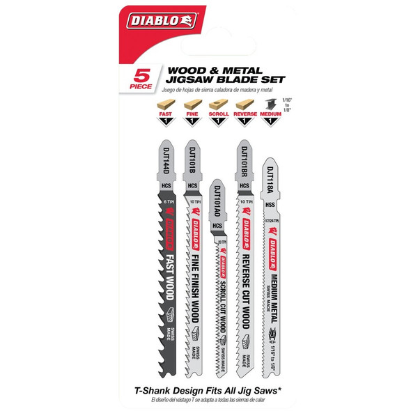 Diablo 5-Piece T-Shank HCS & HSS Jig Saw Blade Set for Wood & Metal DJT5S 338423