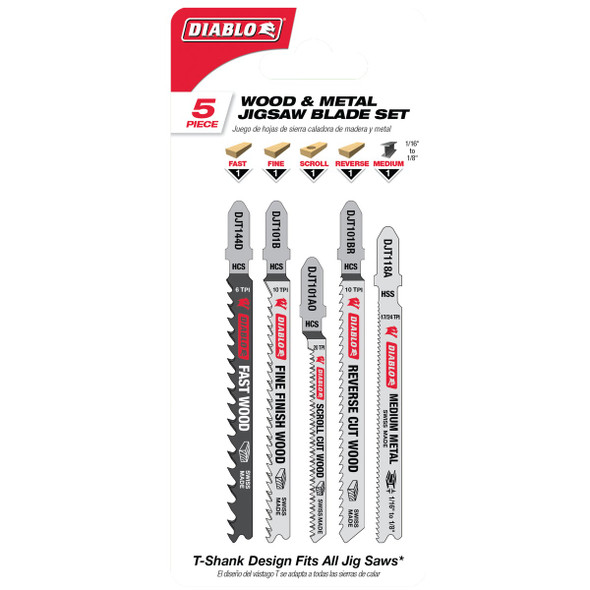 Diablo 5-Piece T-Shank HCS & HSS Jig Saw Blade Set for Wood & Metal