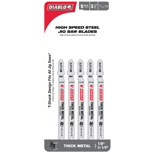 Diablo T-Shank 3-5/8 In. x 11/14 TPI High Speed Steel Jig Saw Blade for Thick Metal (5-Pack) Diablo T-Shank 3-5/8 In. x 11/14 TPI High Speed Steel Jig Saw Blade for Thick Metal (5-Pack)
