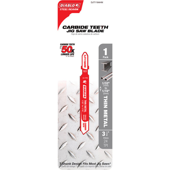 Diablo 3-1-4 In. x 24 TPI T-Shank Carbide Jig Saw Blade for Thin Metal DJT118AHM 356569