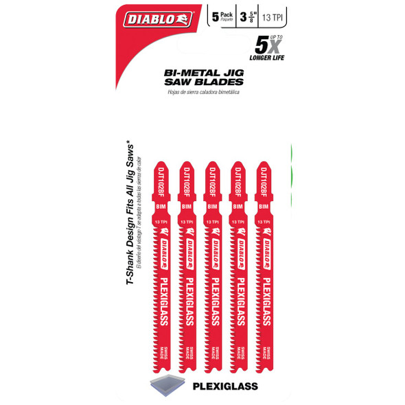 Diablo T-Shank 3-5/8 In. x 13 TPI Bi-Metal Jig Saw Blade for Plexiglass (5-Pack)