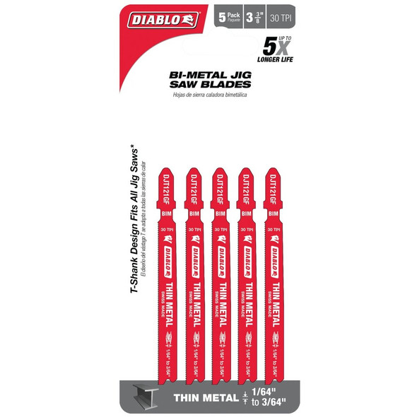 Diablo T-Shank 3-5/8 In. x 30 TPI Bi-Metal Jig Saw Blade for Thin Metal (5-Pack)