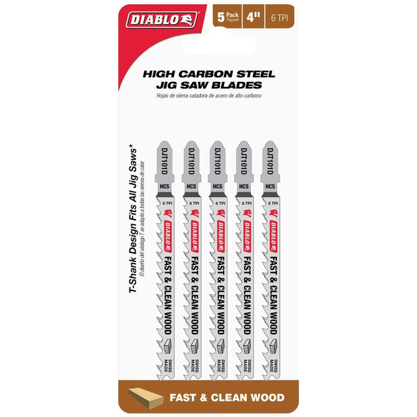 Diablo 4 In. x 6 TPI T-Shank HCS Jig Saw Blade for Fast & Clean Wood (5-Pack) DJT101D5 397786