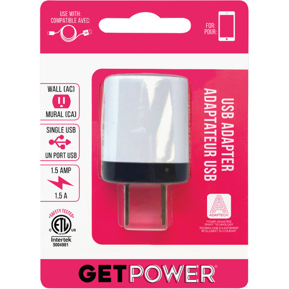 GetPower Single USB to AC White Wall Adapter Charger GP-ACETL-BLK