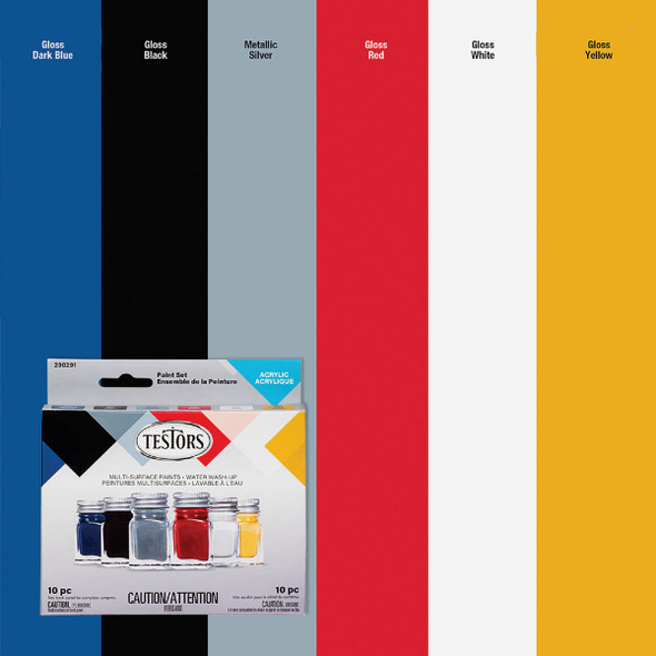 Testors Acrylic Paint Set (Blue, Black, Silver, Red, White, Yellow) 290291 799096