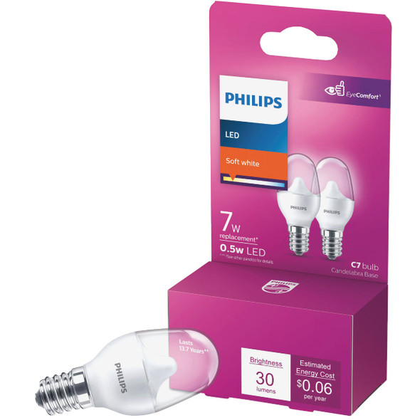 Philips 7W Equivalent Soft White C7 Candelabra LED Night-Light Bulb 574038