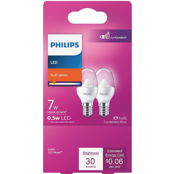 Philips 7W Equivalent Soft White C7 Candelabra LED Night-Light Bulb 574038 502330
