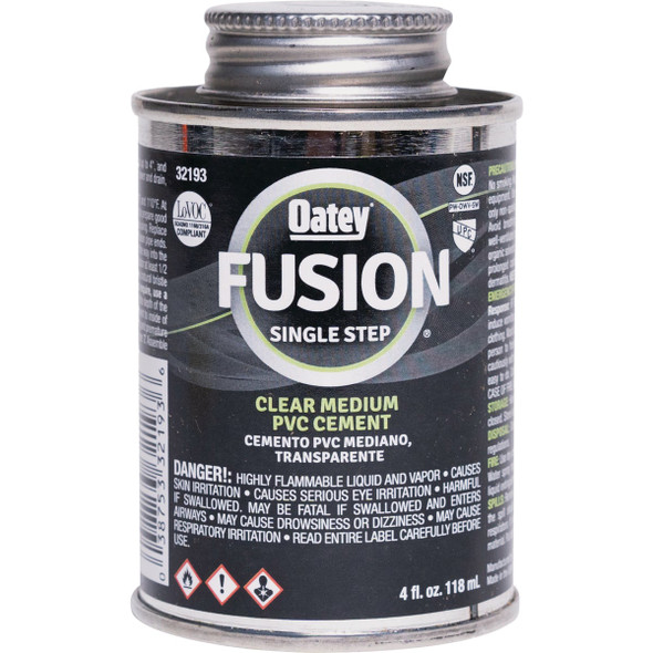Oatey FUSION 4 Oz. Single-Step Medium Bodied Clear Priming PVC Cement 321935 Oatey FUSION 4 Oz. Single-Step Medium Bodied Clear Priming PVC Cement 321935