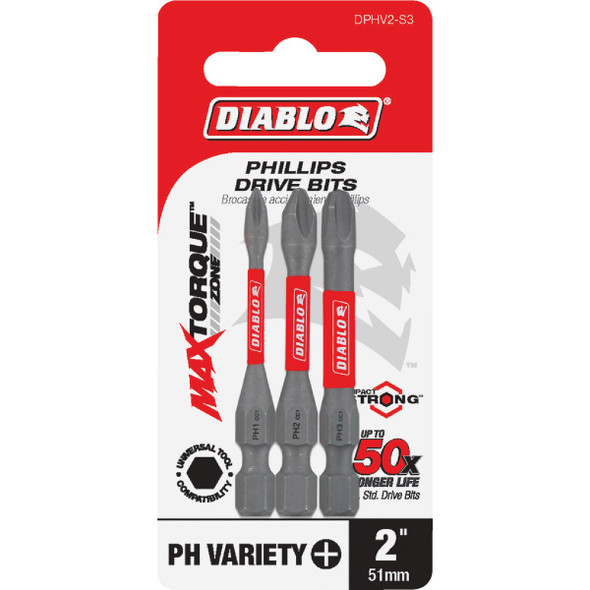 Diablo 3-Piece Phillips 2 In. Impact Screwdriver Bit Set DPHV2-S3