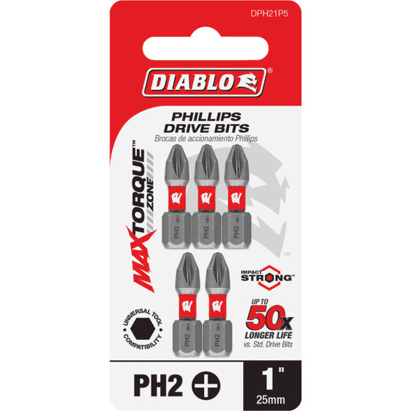 Diablo #2 Phillips 1 In. Insert Impact Screwdriver Bit (5-Pack) DPH21P5