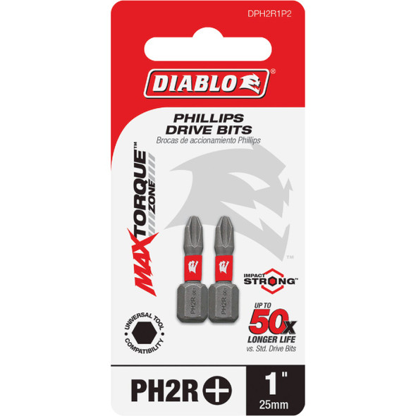 Diablo #2 Phillips Reduced Dia 1 In. Insert Impact Screwdriver Bit (2-Pack)