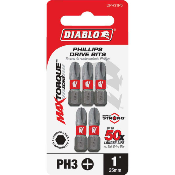 Diablo #3 Phillips 1 In. Insert Impact Screwdriver Bit (5-Pack) DPH31P5