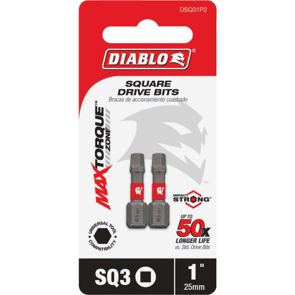 Diablo #3 Square Recess 1 In. Insert Impact Screwdriver Bit (2-Pack) DSQ31P2