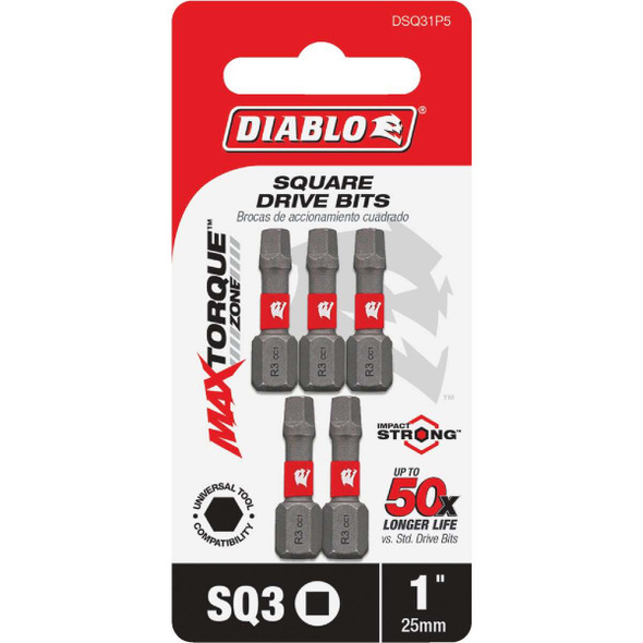 Diablo #3 Square Recess 1 In. Insert Impact Screwdriver Bit (5-Pack) DSQ31P5
