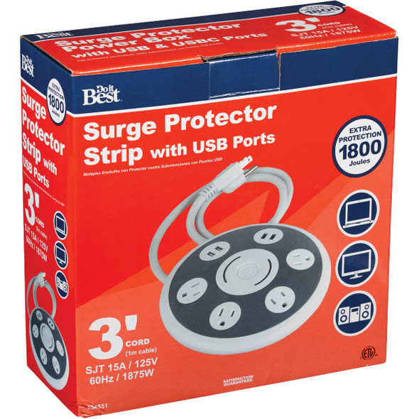 Do it Best 4-Outlet-4-USB 1800J White & Gray Surge Protector with 3 Ft. Cord LTS-4K-4U 554551