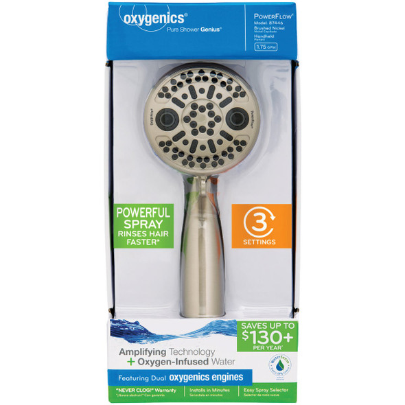 Oxygenics PowerFlow 3-Spray 1.75 GPM Handheld Shower Head, Brushed Nickel 87446 460317