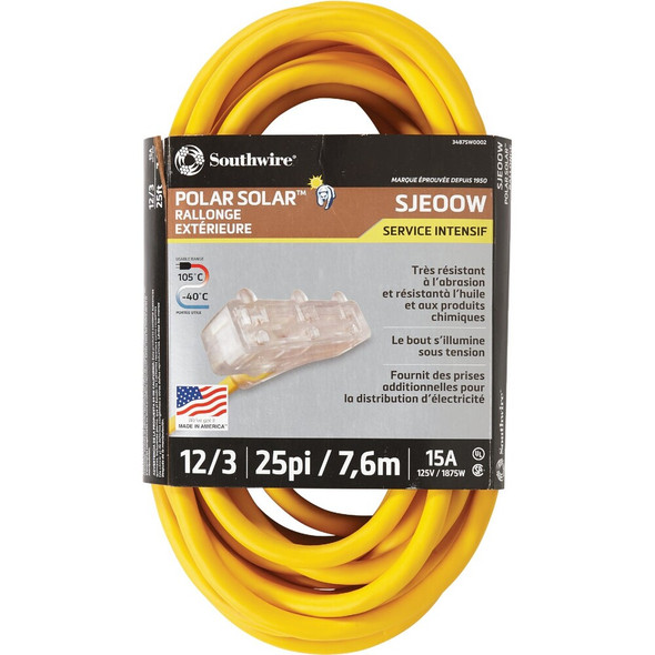 Coleman Cable Polar Solar 25 Ft. 12-3 Cold Weather 3-Outlet Extension Cord 3487SW0002 536659